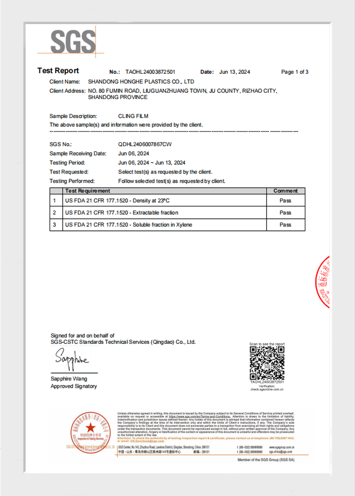 CLING FILM SGS FDA TEST
